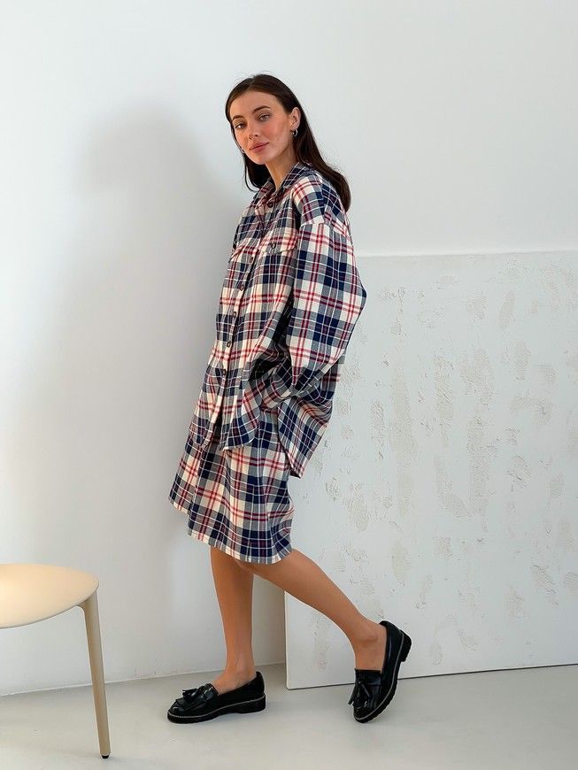 Oversized Pajama Style Suit (bermuda shorts and shirt) Boyfriend's Tyu-Tyu! XS/S milk in red-navy blue tartan