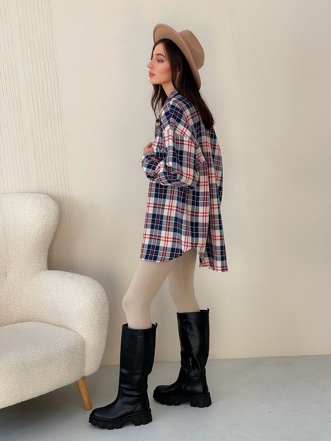Oversized Pajama Style Suit (bermuda shorts and shirt) Boyfriend's Tyu-Tyu! XS/S milk in red-navy blue tartan