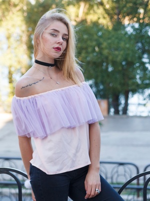 Pink top with lavender tulle ruffles