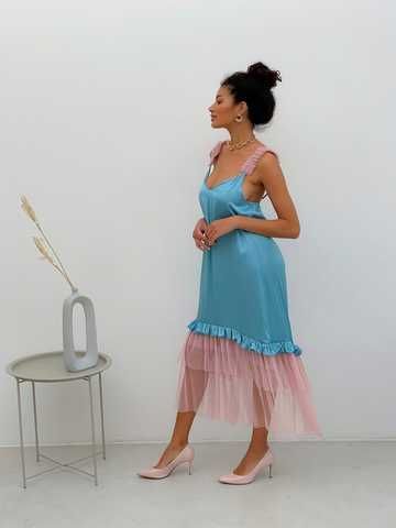 Dusty blue maxi slip dress with pink powder tulle ruffles - Tyu-Tyu Brand!  Online store: women wear and decor & textiles for home