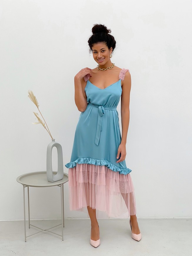Dusty blue maxi slip dress with pink powder tulle ruffles