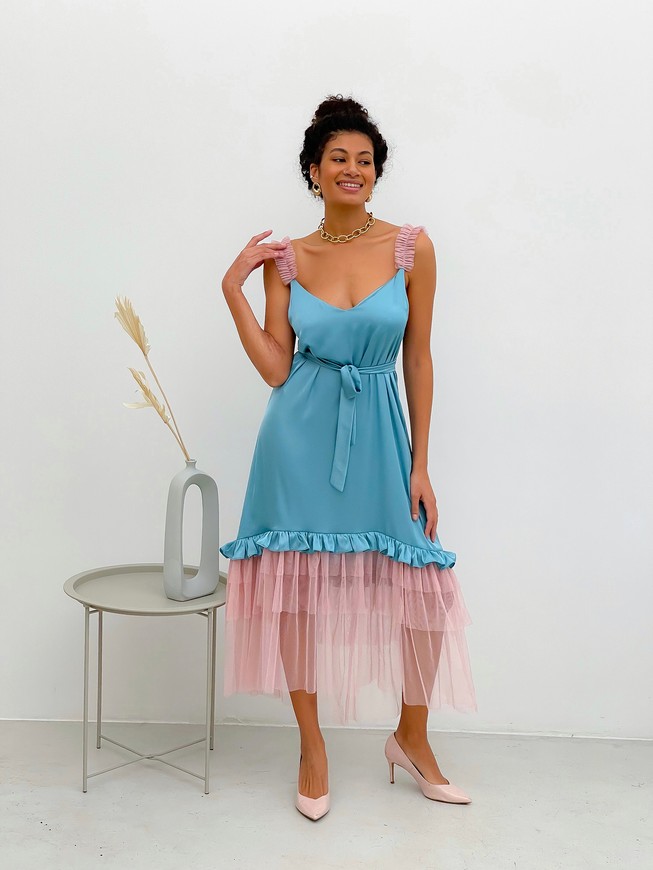 Dusty blue maxi slip dress with pink powder tulle ruffles