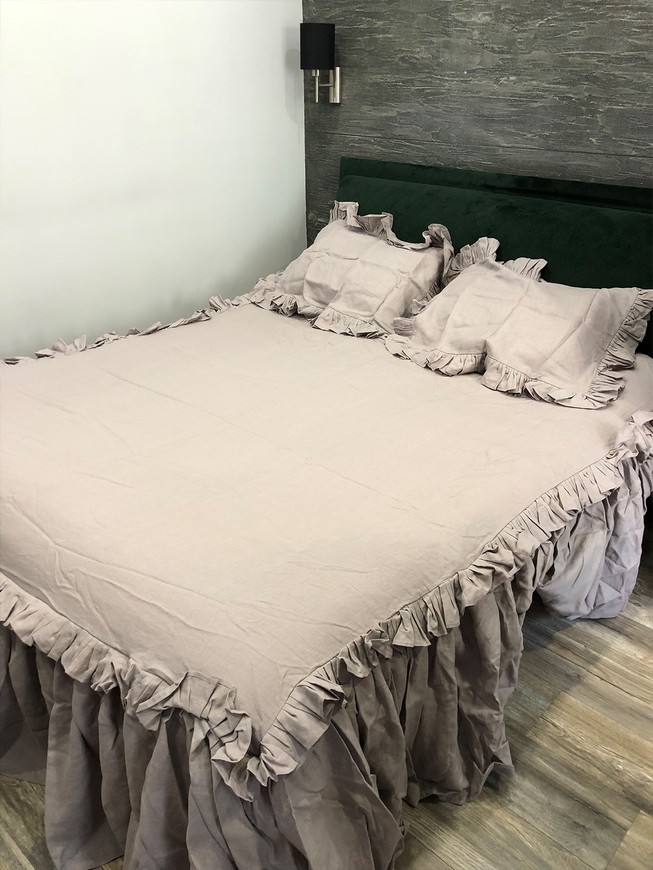 Комплект постельного белья из льна двуспальный с рюшами серый