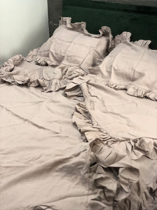 4 piece linen bedding set (full set) with ruffles Euro full/double grey