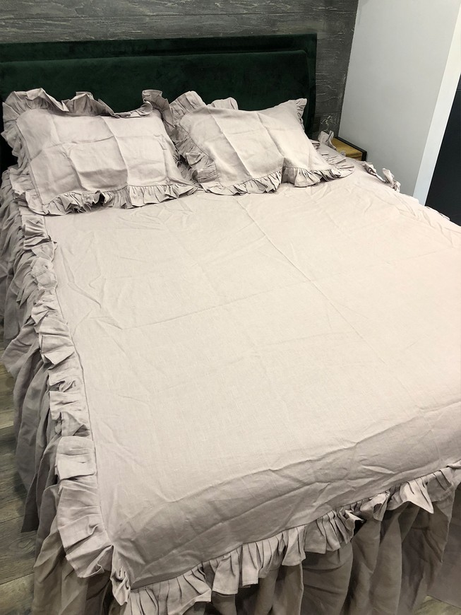 Комплект постільної білизни з льону двохспальний з рюшами сірий