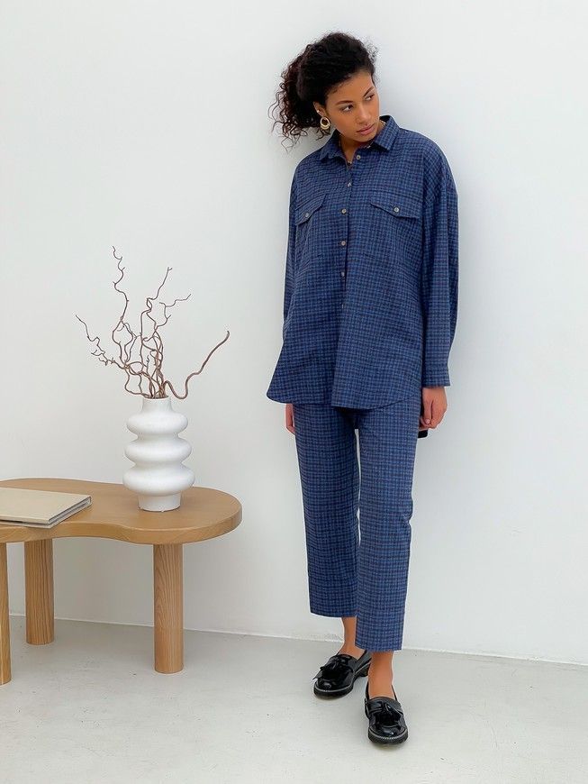 Pajama Style Suit (pants and oversized shirt) Boyfriend's Tyu-Tyu! XS navy blue in brown tartan