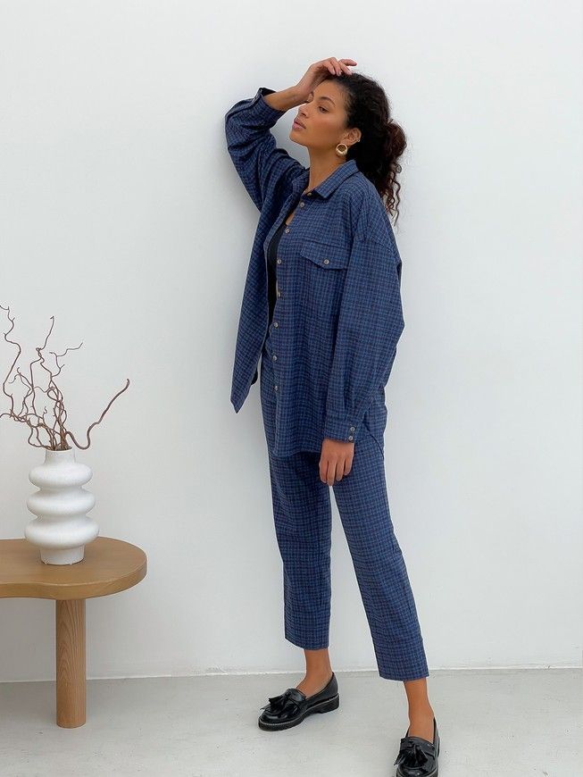 Pajama Style Suit (pants and oversized shirt) Boyfriend's Tyu-Tyu! XS navy blue in brown tartan