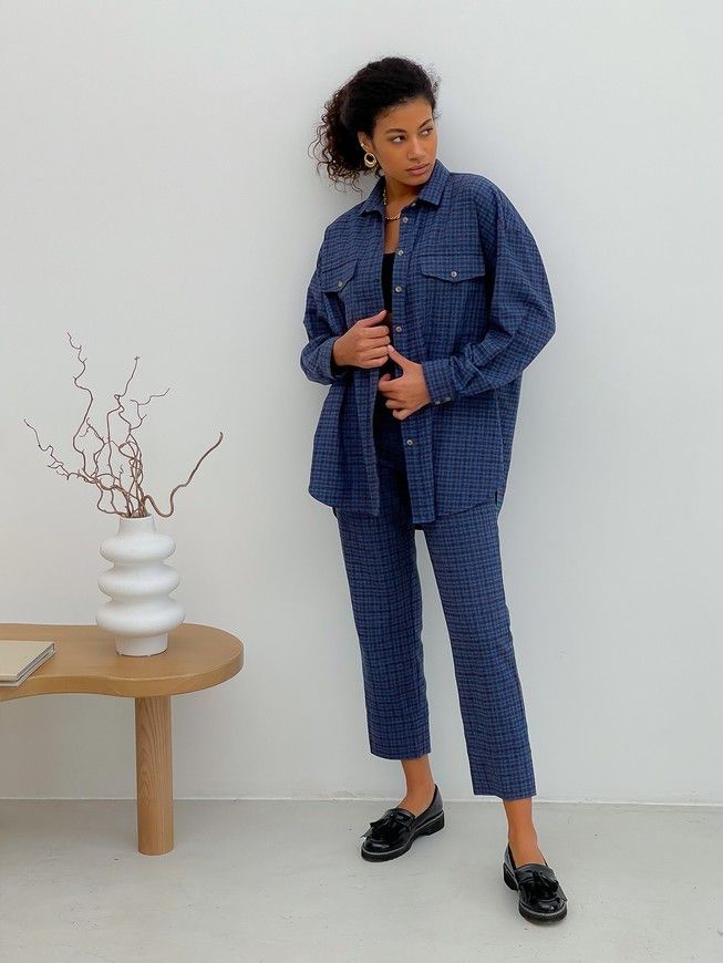 Pajama Style Suit (pants and oversized shirt) Boyfriend's Tyu-Tyu! XS navy blue in brown tartan