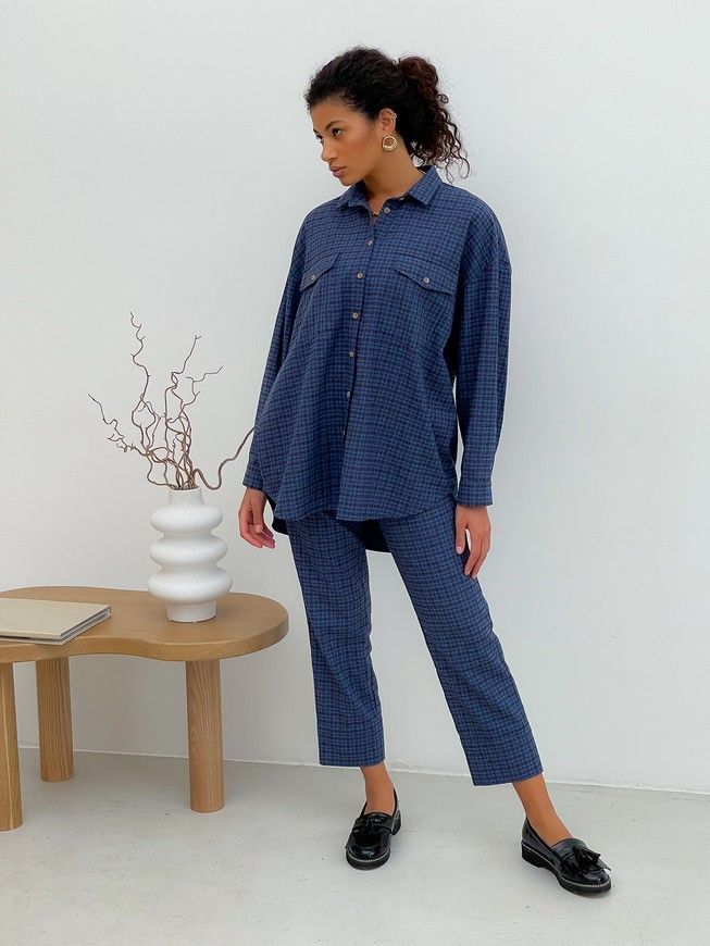 Pajama Style Suit (pants and oversized shirt) Boyfriend's Tyu-Tyu! XS navy blue in brown tartan