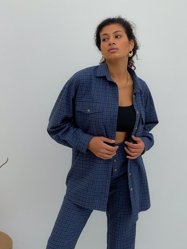Pajama Style Suit (pants and oversized shirt) Boyfriend's Tyu-Tyu! XS navy blue in brown tartan