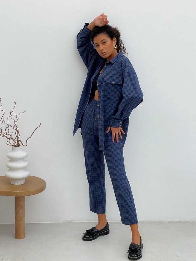 Pajama Style Suit (pants and oversized shirt) Boyfriend's Tyu-Tyu! XS navy blue in brown tartan
