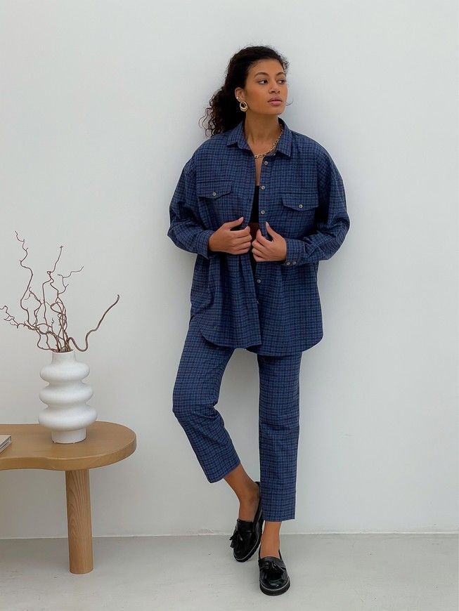Pajama Style Suit (pants and oversized shirt) Boyfriend's Tyu-Tyu! XS navy blue in brown tartan