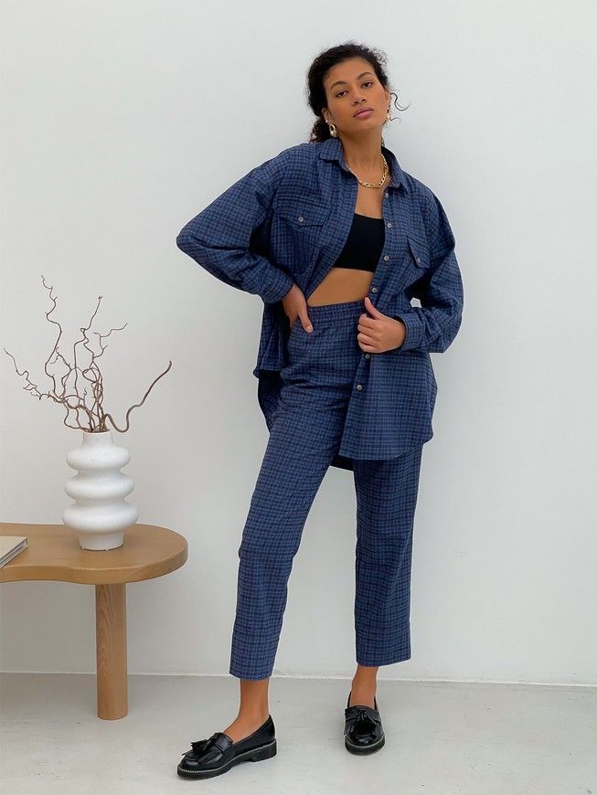Pajama Style Suit (pants and oversized shirt) Boyfriend's Tyu-Tyu! XS navy blue in brown tartan