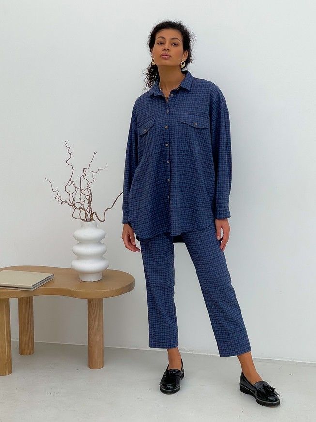 Pajama Style Suit (pants and oversized shirt) Boyfriend's Tyu-Tyu! XS navy blue in brown tartan