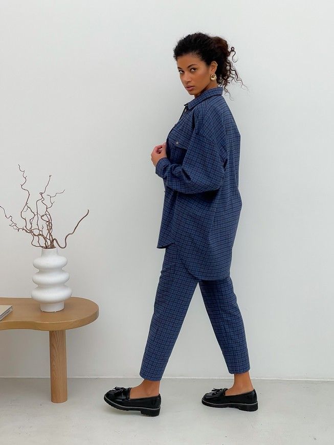 Pajama Style Suit (pants and oversized shirt) Boyfriend's Tyu-Tyu! XS navy blue in brown tartan