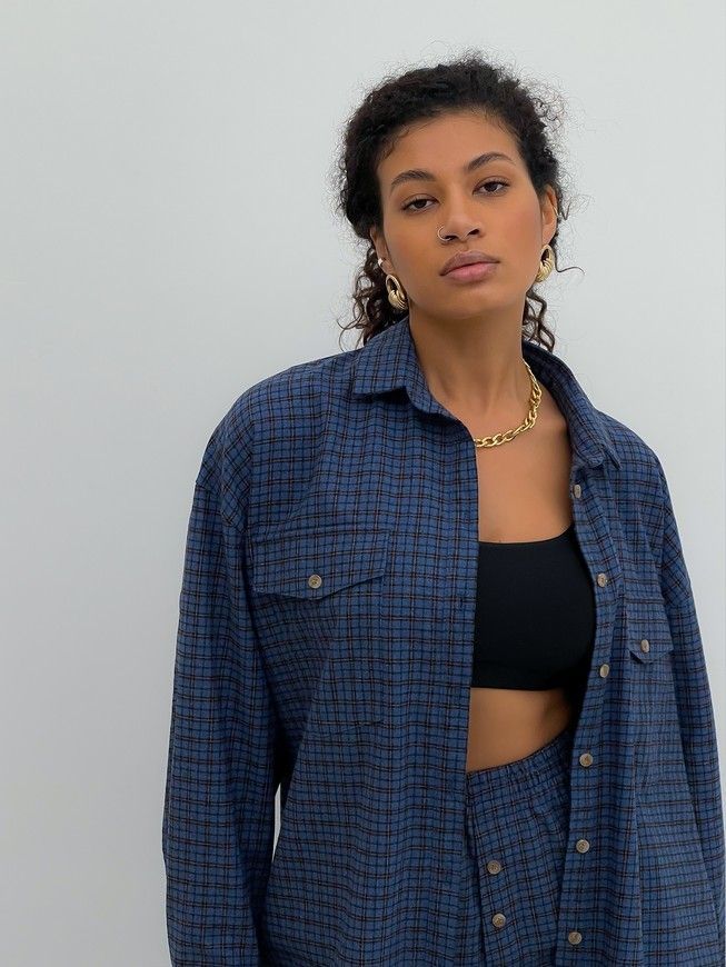 Pajama Style Suit (pants and oversized shirt) Boyfriend's Tyu-Tyu! XS navy blue in brown tartan