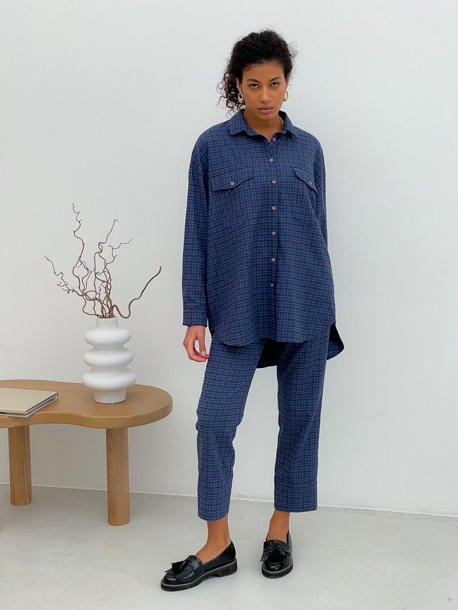 Pajama Style Suit (pants and oversized shirt) Boyfriend's Tyu-Tyu! XS navy blue in brown tartan