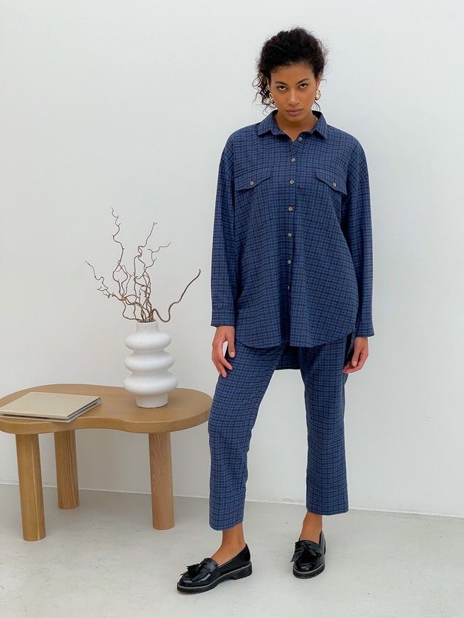 Pajama Style Suit (pants and oversized shirt) Boyfriend's Tyu-Tyu! XS navy blue in brown tartan