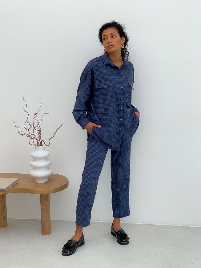 Pajama Style Suit (pants and oversized shirt) Boyfriend's Tyu-Tyu! XS navy blue in brown tartan