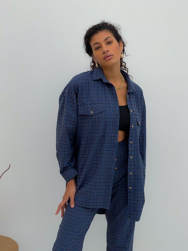Pajama Style Suit (pants and oversized shirt) Boyfriend's Tyu-Tyu! XS navy blue in brown tartan