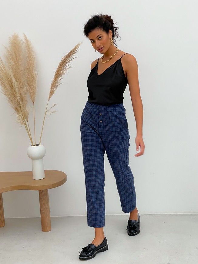 Pajama Style Suit (pants and oversized shirt) Boyfriend's Tyu-Tyu! XS navy blue in brown tartan