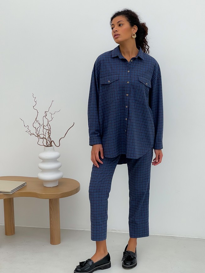 Pajama Style Suit (pants and oversized shirt) Boyfriend's Tyu-Tyu! XS navy blue in brown tartan