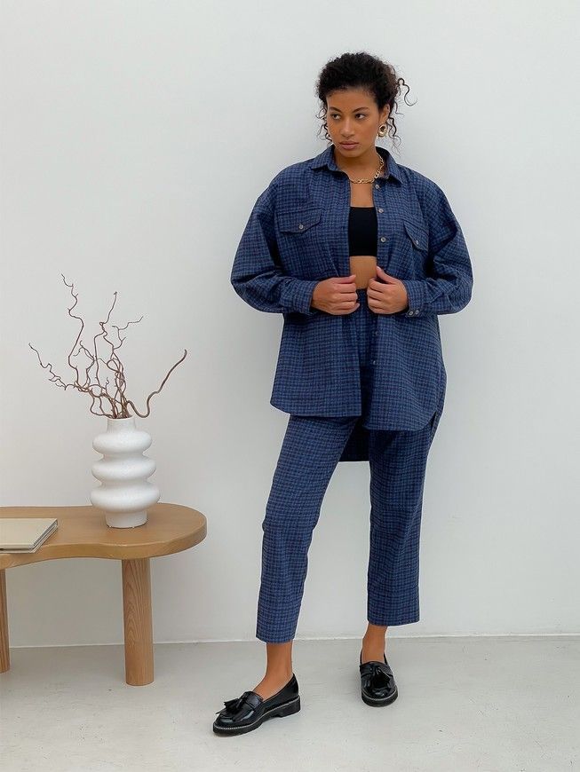 Pajama Style Suit (pants and oversized shirt) Boyfriend's Tyu-Tyu! XS navy blue in brown tartan