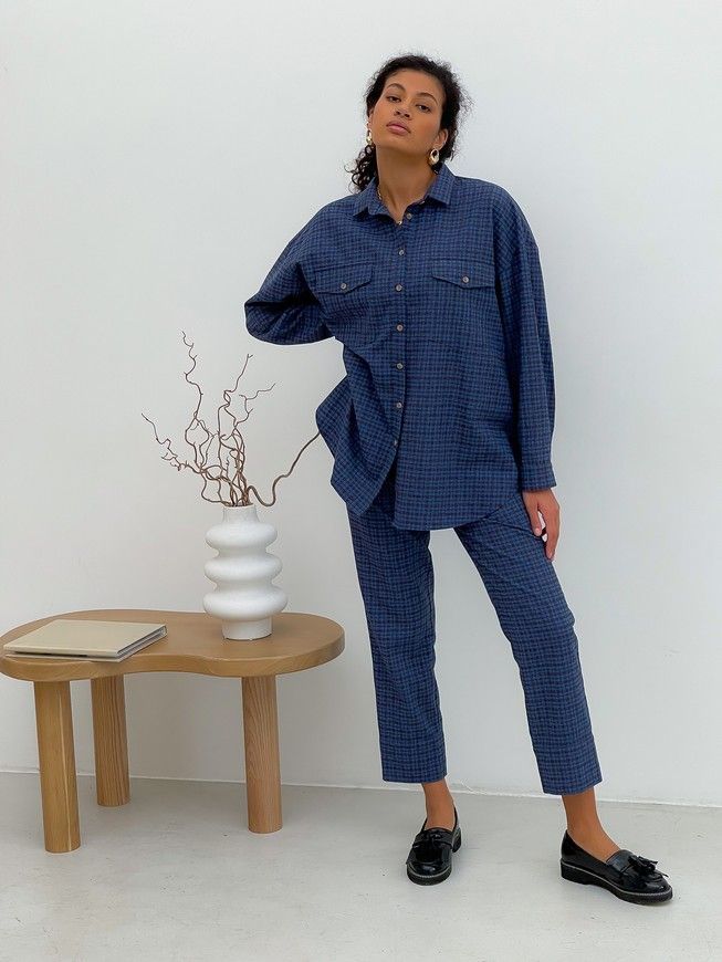 Pajama Style Suit (pants and oversized shirt) Boyfriend's Tyu-Tyu! XS navy blue in brown tartan