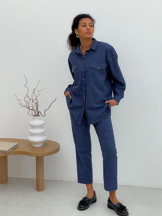 Pajama Style Suit (pants and oversized shirt) Boyfriend's Tyu-Tyu! XS navy blue in brown tartan