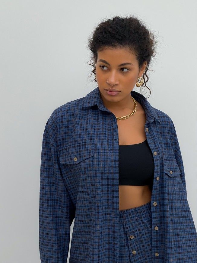 Pajama Style Suit (pants and oversized shirt) Boyfriend's Tyu-Tyu! XS navy blue in brown tartan