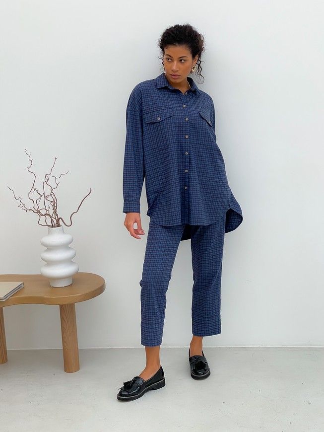 Pajama Style Suit (pants and oversized shirt) Boyfriend's Tyu-Tyu! XS navy blue in brown tartan