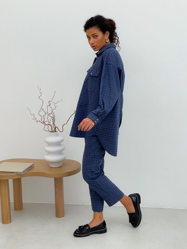 Pajama Style Suit (pants and oversized shirt) Boyfriend's Tyu-Tyu! XS navy blue in brown tartan