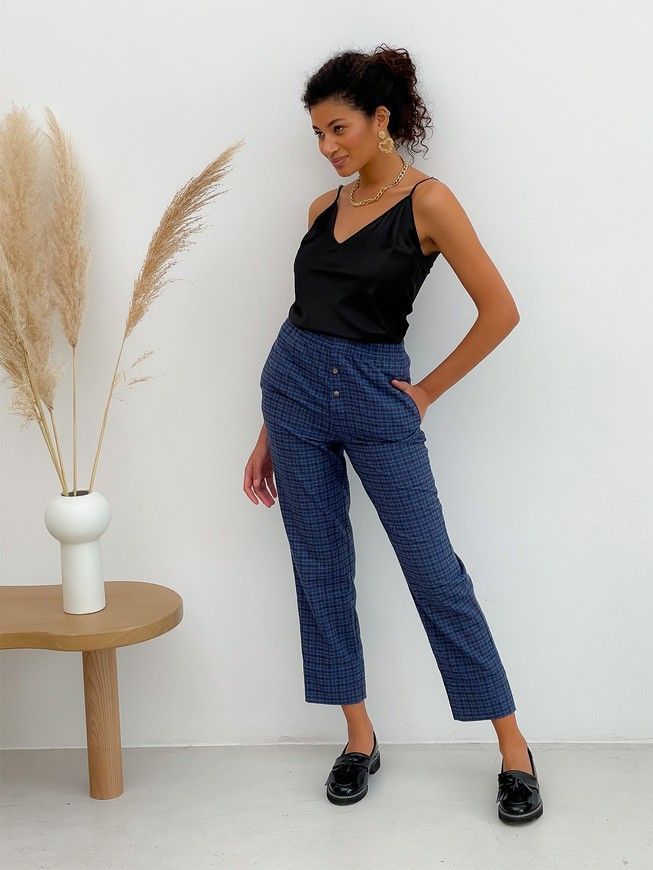 Pajama Style Suit (pants and oversized shirt) Boyfriend's Tyu-Tyu! XS navy blue in brown tartan