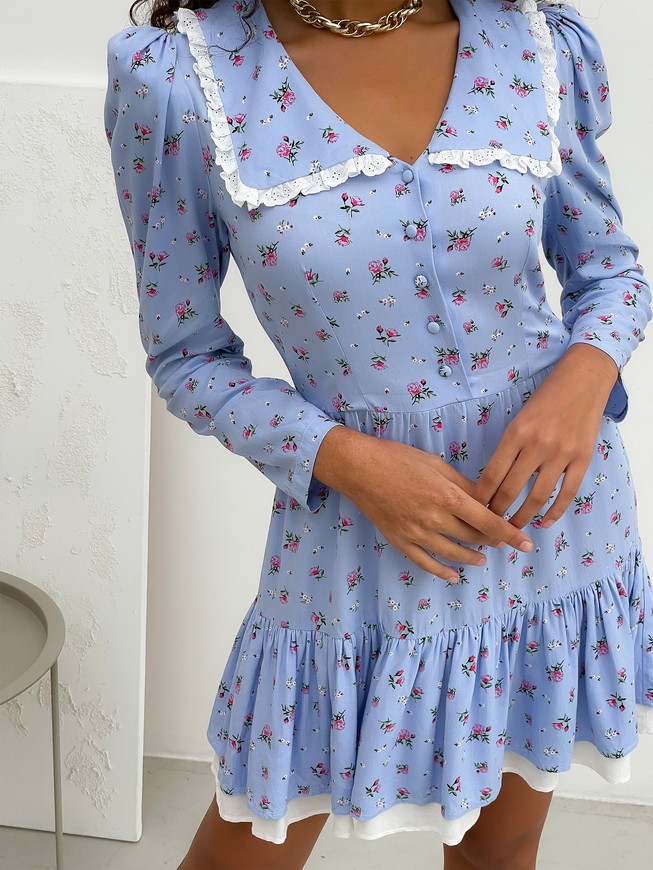 Dress with collar and frills Tyu-Tyu! XS blue in floral print