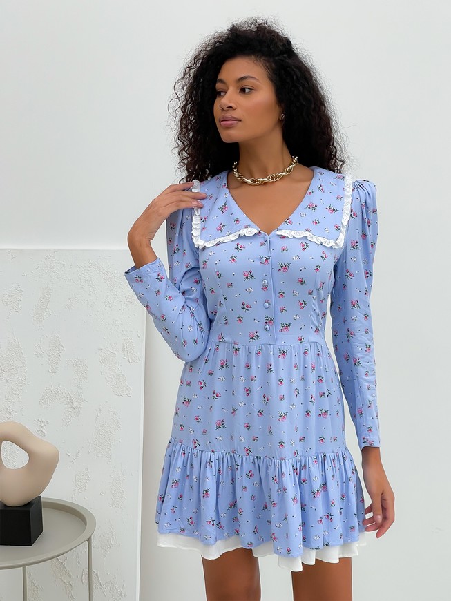 Dress with collar and frills Tyu-Tyu! XS blue in floral print