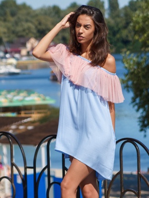 Blue mini sundress with pink powder tulle ruffles