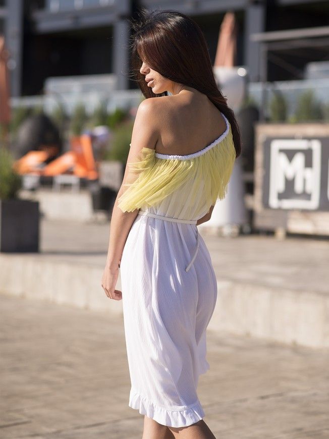 White mini sundress with lemon tulle ruffles