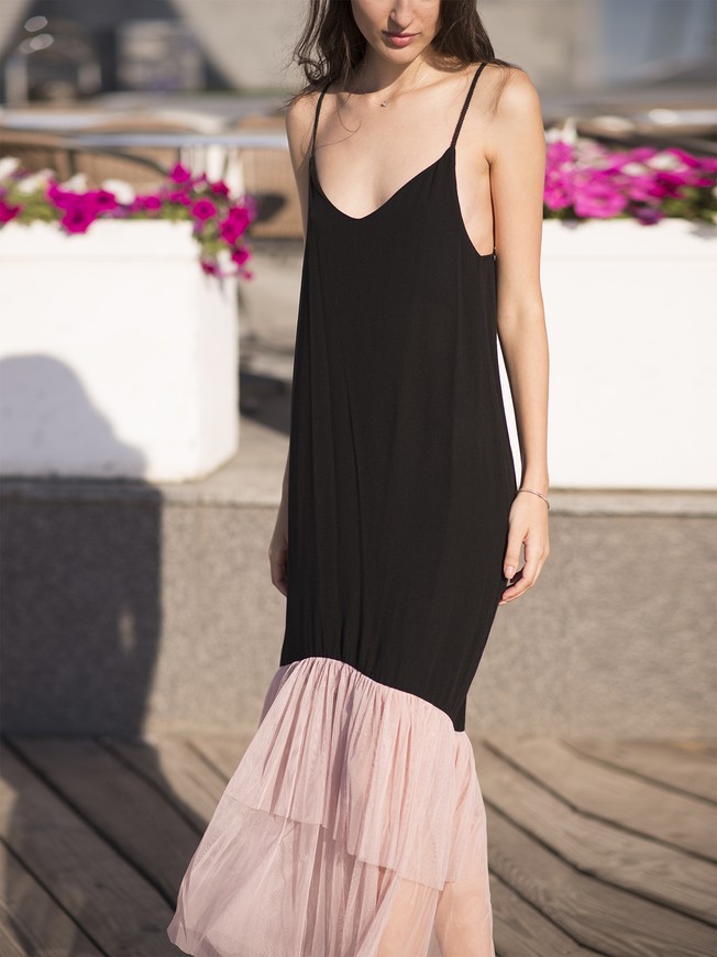 Black maxi sundress with pink powder tulle ruffles