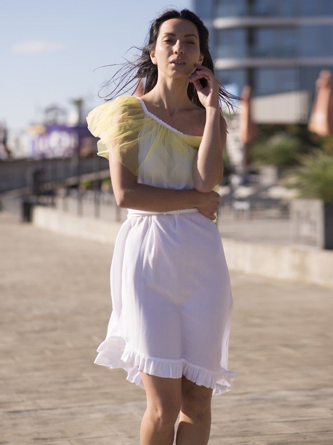White mini sundress with lemon tulle ruffles