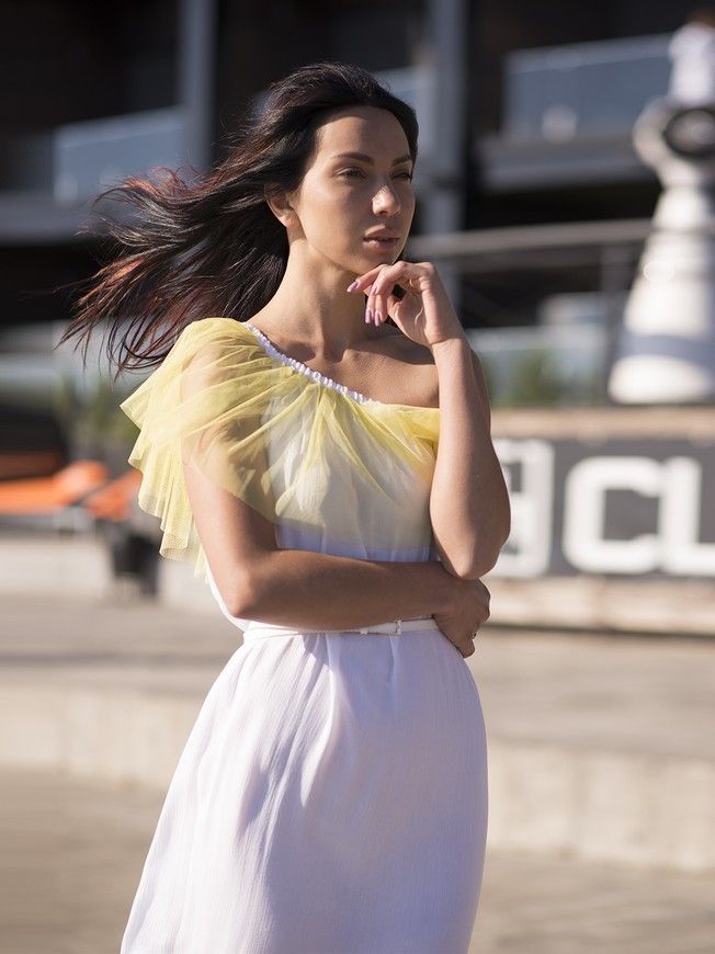 White mini sundress with lemon tulle ruffles