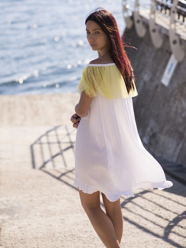 White mini sundress with lemon tulle ruffles