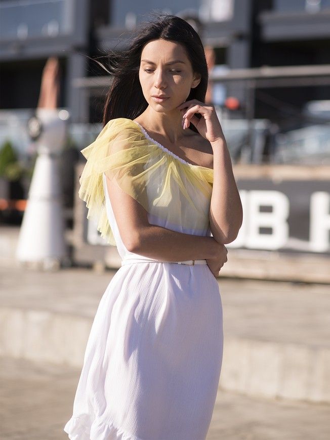 White mini sundress with lemon tulle ruffles