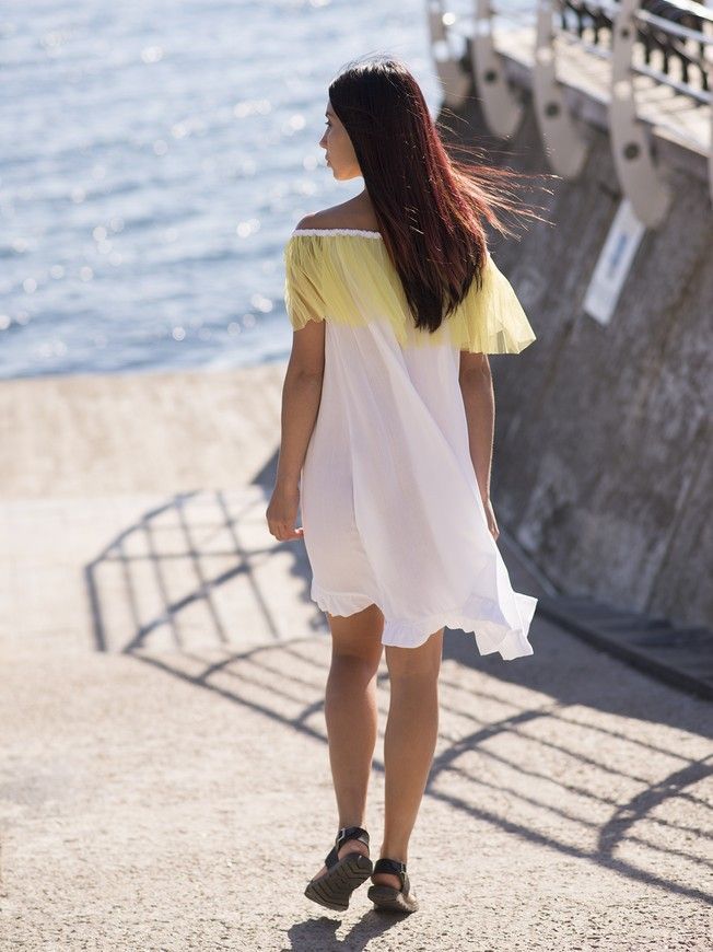 White mini sundress with lemon tulle ruffles