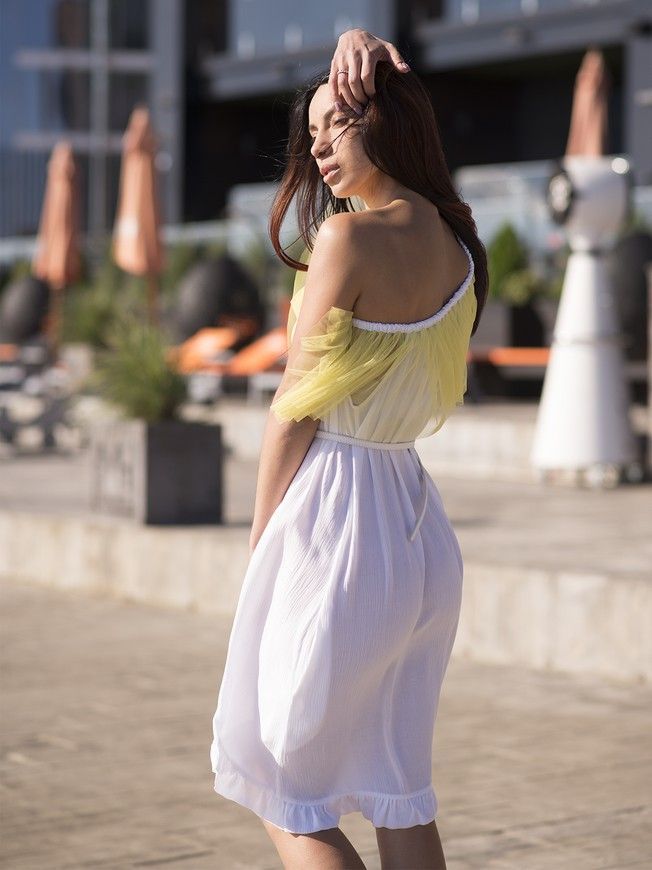 White mini sundress with lemon tulle ruffles