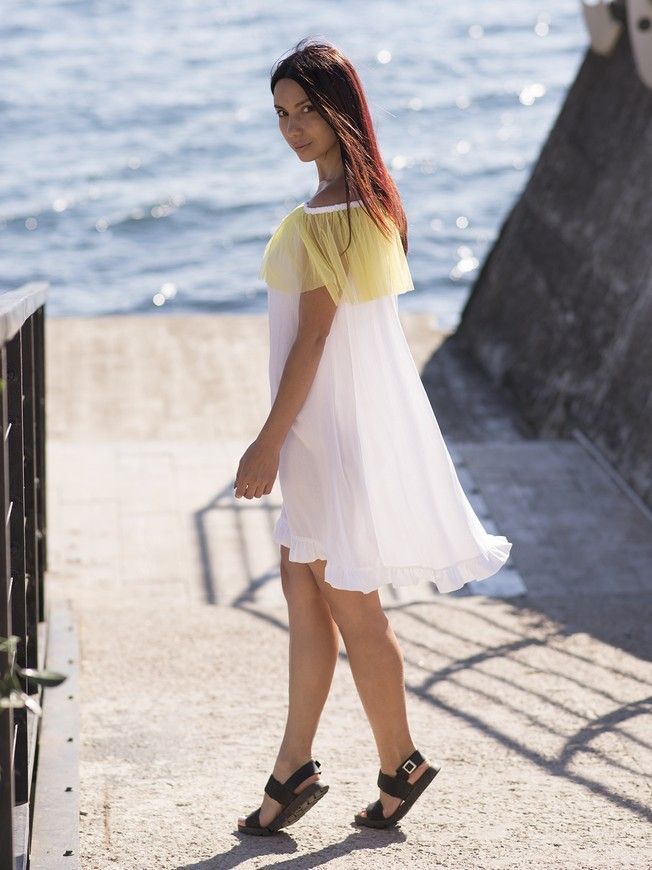 White mini sundress with lemon tulle ruffles