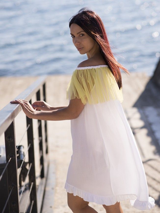 White mini sundress with lemon tulle ruffles