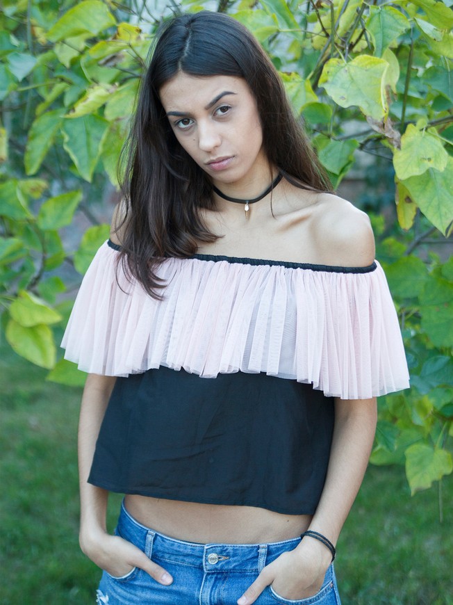 Black top with pink powder tulle ruffles