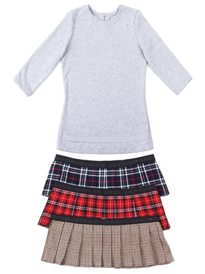 AIRDRESS set: gray top and 3 removable skirts (navy blue, red, beige tartan)
