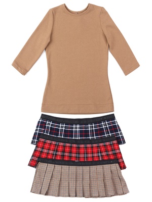 AIRDRESS set: camel top and 3 removable skirts (navy blue, red, beige tartan)