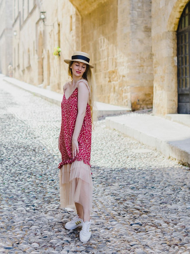 Red maxi slip dress in animal print with beige tulle ruffles